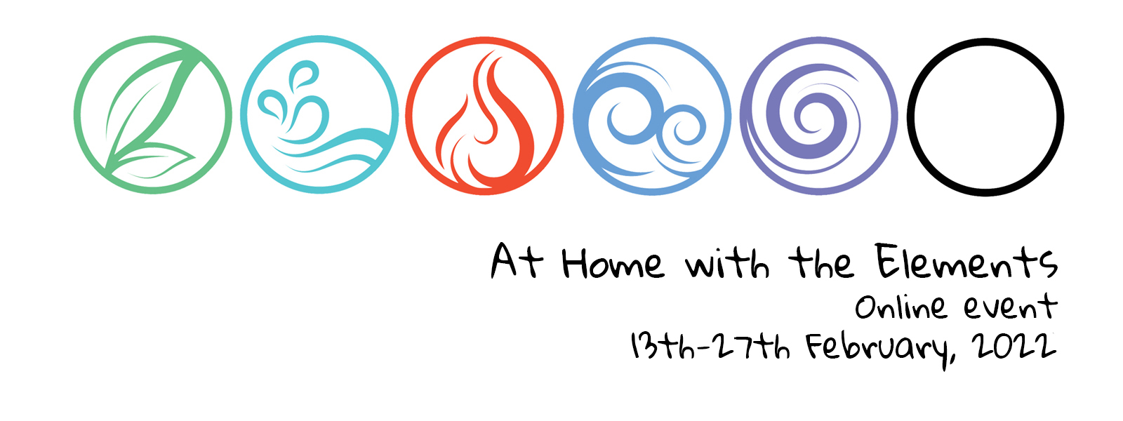 banner with six circles represent the six elements and the text 'At Home with the Elements, online event, 13th - 27th February 2022'